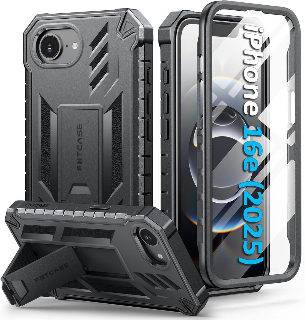 FNTCASE for iPhone 16e Phone Case: Military Grade [Built-in Screen Protector] [Kickstand] Matte Textured Drop Proof Protection Cover | Rugged Shockproof TPU Protective Sturdy Cases 2025 - Black