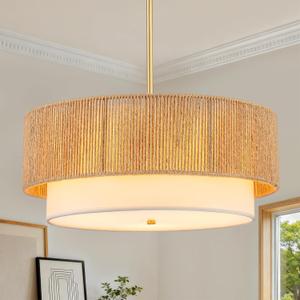 Rattan Farmhouse Chandeliers, Rattan Pendant Light Fixture, Boho Light Fixtures for Bedroom Dining Room Foyer Kitchen Hallway | Fabric Shade | Bulbs Not Included | Gold, 18inch