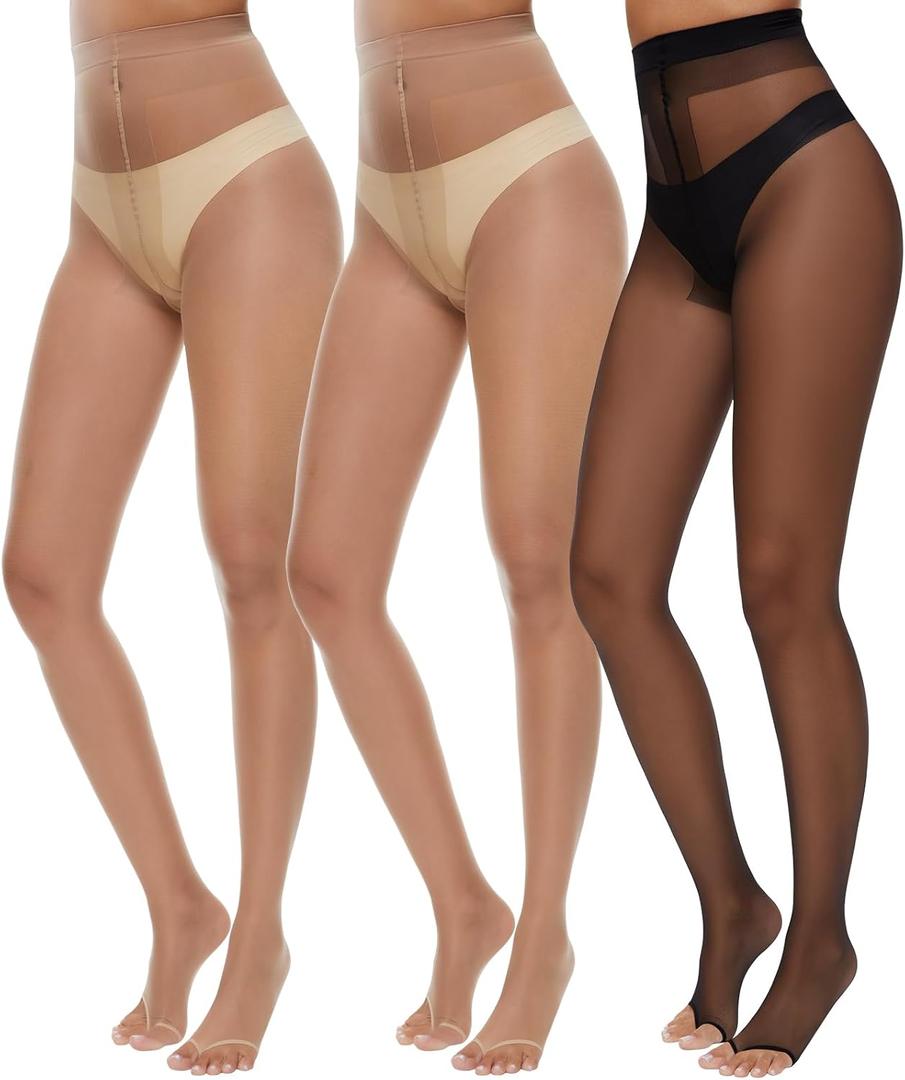 MANZI 3 Pairs Toeless Pantyhose Tights for Women Ultra Thin 10D Toe Open Control Top Pantyhose (Small, 2 Natural+1 Black)