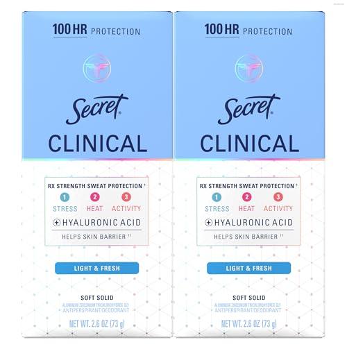 Secret Clinical Strength Antiperspirant Deodorant for Women, 100hr Sweat & Odor Protection, 3X Stress Protection with Hyaluronic Acid, PH Balanced, Soft Solid, Light & Fresh Scent, 2.6 oz (Pack of 2)