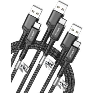 JSAUX USB C Cable 3.1A Fast Charging, 3-Pack (10ft+6.6ft+3.3ft) USB A to Type C Charge Cord Compatible with iPhone 16e/16 Pro/16 Pro Max/15, Samsung S24 S22 S20 Note 20, CarPlay, USB C Charger(Black)