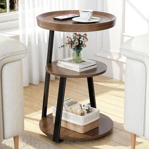 Round Side Table, 3-Tier Tray Top End Table with Storage Shelf, Ultra Stable Coffee End Table/Nightstand, Modern Farmhouse Couch Table for Living Room, Bedroom, Bedside Stand or Small Spaces, Walnut