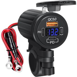 Motorcycle USB Charger for Phone, 3 Ports 78W Dual PD3.0 & QC3.0 Motorcycle Phone Charger with Voltmeter & Switch, Waterproof Motorcycle Accessories 12V USB Outlet for All Cellphone, Tablet, GPS