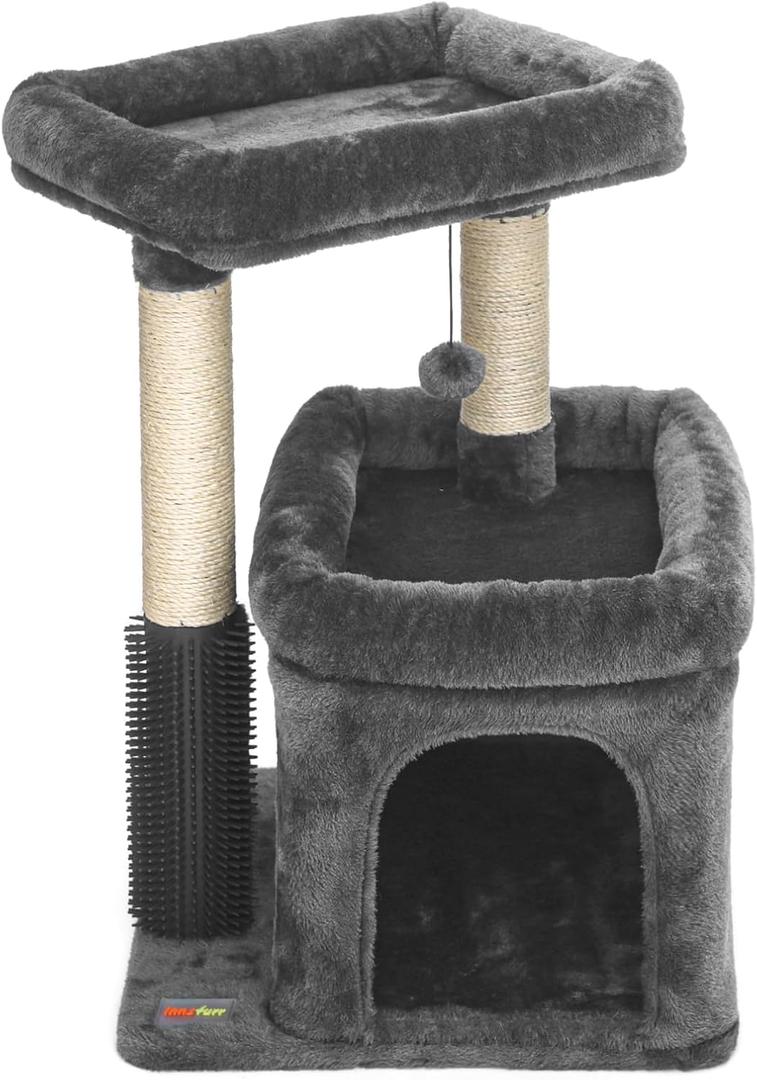 Small Cat Tree for Indoor Cats, Cat Tower with Scratching Posts for Multiple Cats, Plush Cozy Perch, Cat Massage Brush, Activity Hanging Pompoms, Dark Grey