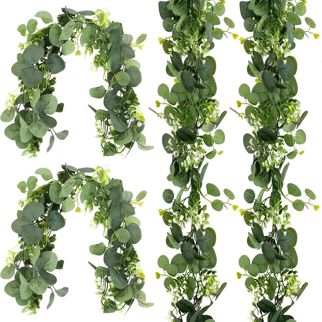 4 PCS Eucalyptus Garland for Table, 5.9ft Artificial Greenery Garland Faux Eucalyptus Leaves Greenery Vines for Wedding Arch Spring Table Runner Festival Centerpieces Backdrop Decorations
