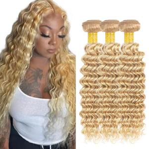 P27/613 Highlight Blonde Bundles Deep Wave Bundles Human Hair 34 34 34 Inch Unprocessed Brazilian Virgin Weave Hairs Honey Blonde 3 Bundle 50 Gram Per Bundle Human Hair Extensions