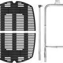 DELSbbq 7646 Cast Iron Grates and 65032 Grill Burner for Weber Q300 Q320 Q3000 Q3200 57060001 586002 Gas Grills, Replacement Parts for Weber 7584, 65032