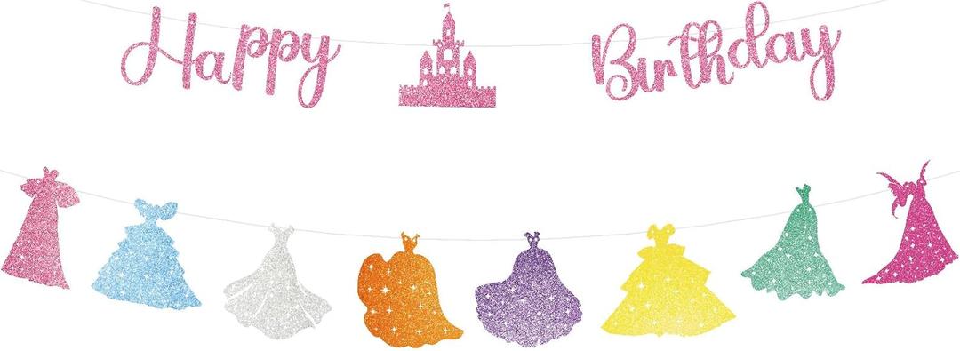 Princess Happy Birthday Banner, Pre-Strung Glitter Birthday Garland with Castle Princess Dresses Cutouts for Girls Party & Baby Shower Decorations