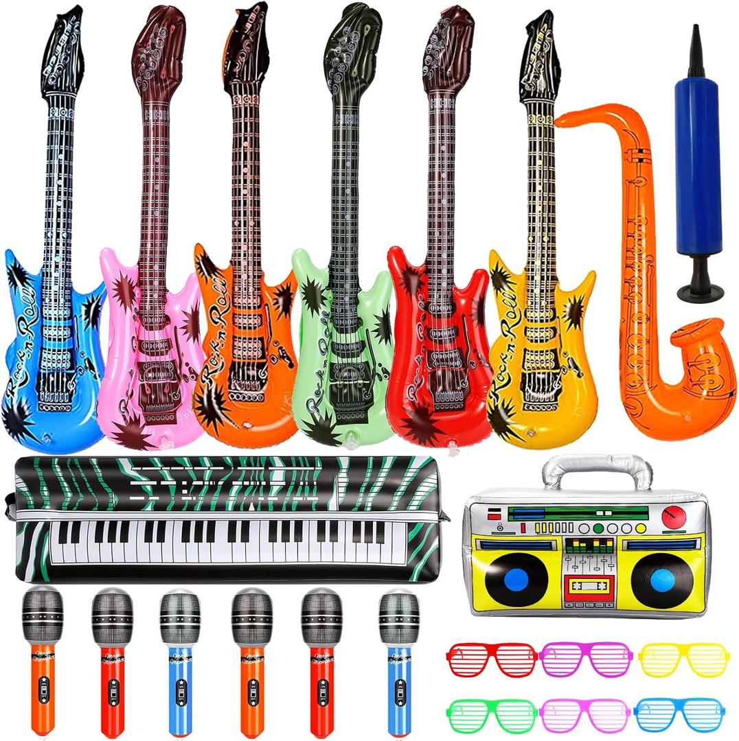 22 Pack Inflatable Guitar, Blow Up Guitar, Inflatable Rock Star Toy Set, 6 Inflatable Guitars, 6 Microphones, 6 Shutter Shading Glasses, 1 Saxophone, 1 Inflatable Piano, 1 Inflatable Recorder