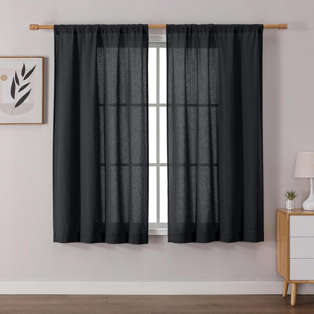 OWENIE Colin 2 Panels Black Curtains 63 Inch Length for Bedroom Living Room, Semi Sheer Light Filtering Linen Textured Window Treatments, Modern Rod Pocket Dining Room, 2 Panels, 42x63 Inch