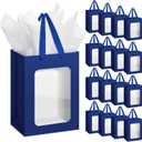 Zhanmai 36 Pcs Kraft Clear Gift Bags with Tissue Paper, 10 x 7 x 5 Inch Laege Paper Gift Bags with Window Handles for Bouquet Graduation Wedding Baby Shower Birthday Festivals Party Favors(Blue)