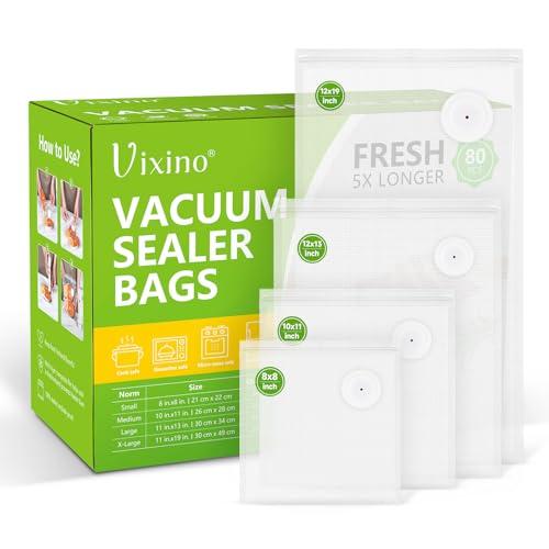 Vixino Vacuum Sealer Bags, 80 Reusable Vacuum Sealer Bags for Food, BPA-Free, Meal Prep and Sous Vide Cooking,Works for Handheld Sealer and Vac Sealer Machine with External Vacuum Systems