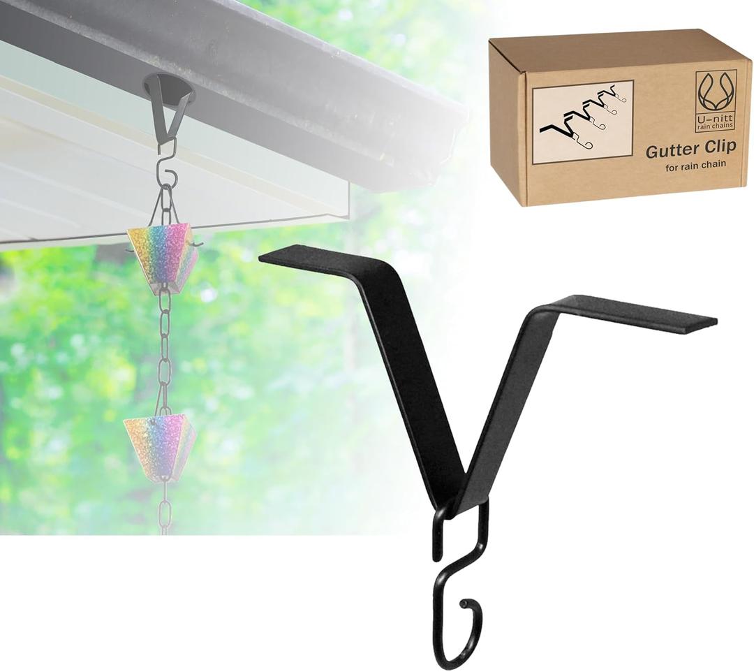 U-nitt Gutter Clip for Rain Chain Installation DIY | Gutter Adapter for Roof Downspout Chain | Water Collection | Black 4 PK, Heavy Metal, 6 X 5 inches, Adjustable, Fits 2 in Gutter Hole