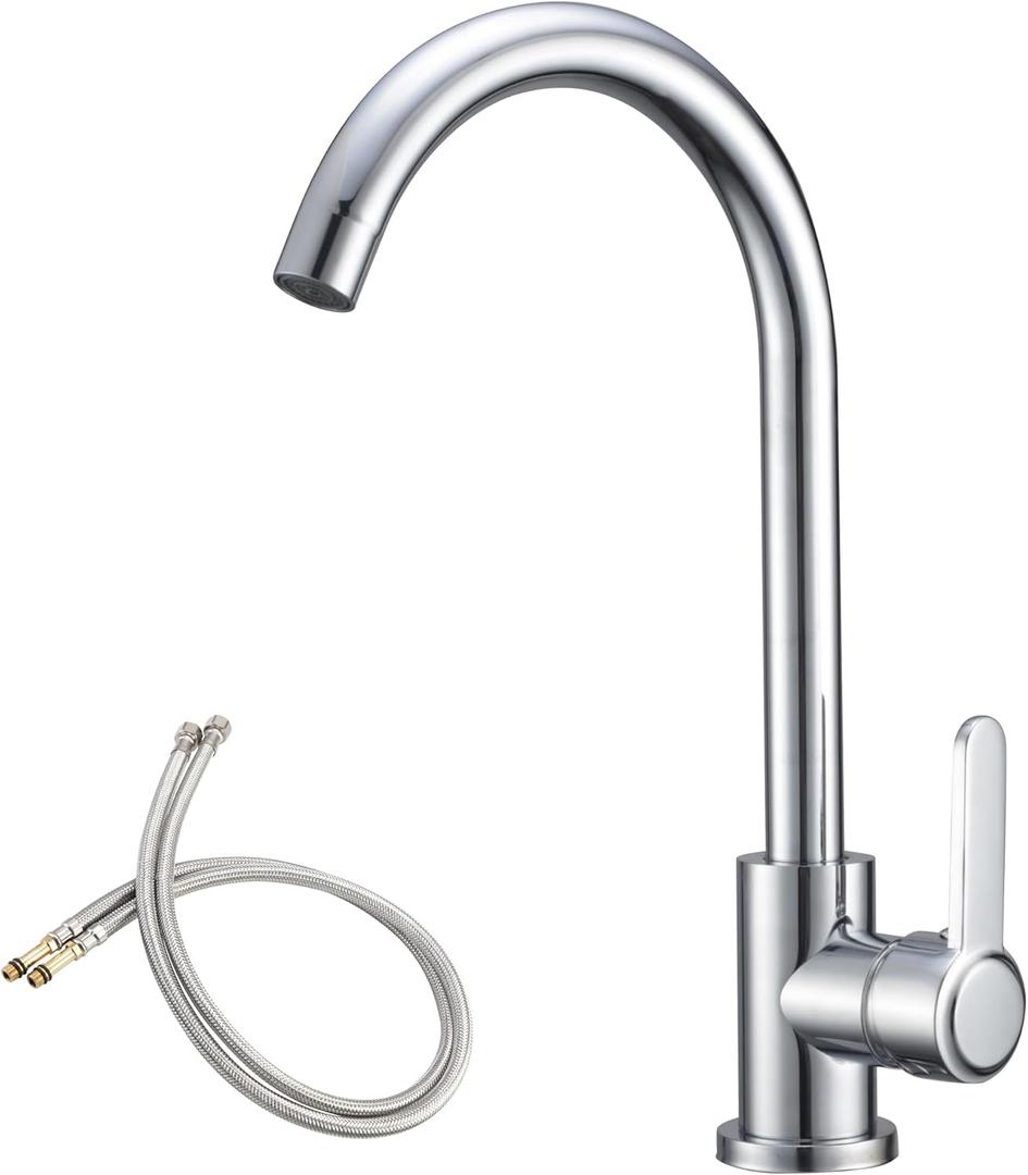 High Arc Bar Sink Faucet Single Hole Kitchen Bar Tap Single-Handle Wet Bar Faucets RV Faucet Prep Sink Faucets with 360 Swivel Spout Chrome Kitchen Mixer Tap with 24Inch Water Supply Lines (Tall)