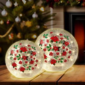 Set of 2 Christmas Lighted Decorative Glass Ball 5.9'' 4.7'' Red Poinsettia Flower Crackle LED Lights for Tabletop Decoration Globe Lamp Battery Operated for Holiday Indoor Party Table Gift