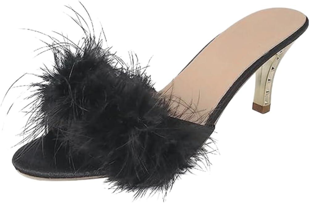 Women Sexy Slipper Cute Fuzzy Heels Furry Kitten Heels for Lingerie Wedding Birthday (8, Black)