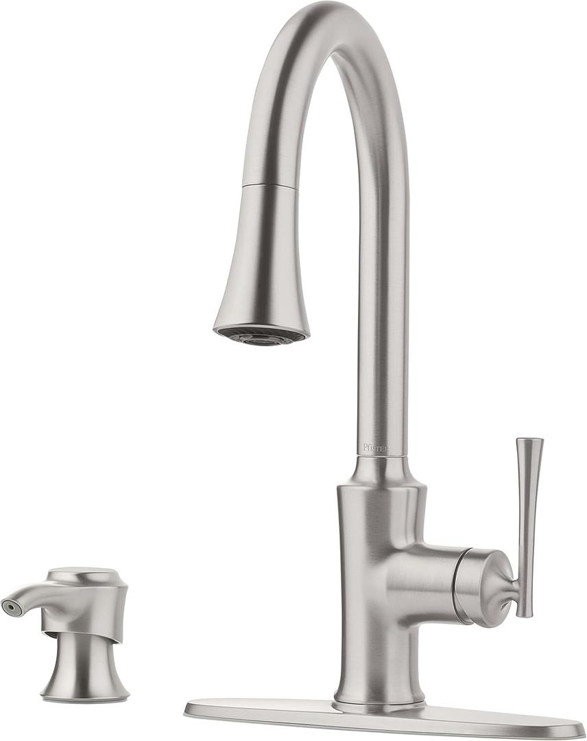 Pfister Antrom Kitchen Faucet with Pull Down Sprayer and Soap Dispenser, Single Handle, High Arc, Spot Defense Stainless Steel Finish, F5297AOGS