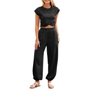 Fisoew Women's Two Piece Outfits Casual Lounge Sets Crop Tops and Joggers Tracksuit with Pockets (X-Large, Black)