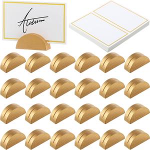 Colingmill 24 Pcs Wooden Table Number Stands Wedding Table Name Holder Semicircular Design Place Card Holders with 24 Pcs Tented Cards for Retail Shop Wedding Party Events Decoration(Gold)