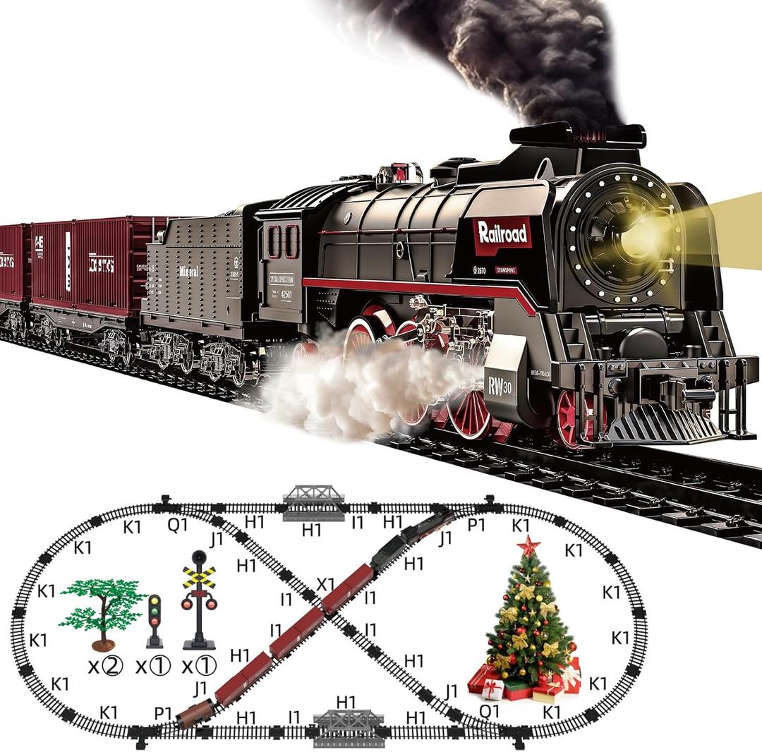 Train Set for Kids, Electric Train Toys with Realistic Light Sounds Smoke, Christmas Train Model Gifts for Toddlers Boys Girls, Steam Locomotive, Luxury Track & 3 Truck Carriages