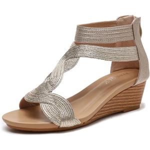 TSANGWAI Women's Slide Wedge Sandal Open Toe Gladiator Sandals for Women Summer Roman High Heel Zipper Back Platform Strappy gold-41
