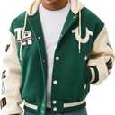 True Religion Men's Retro Wool Varsity Jacket – Classic Letterman Bomber with Logo Patches, XXL