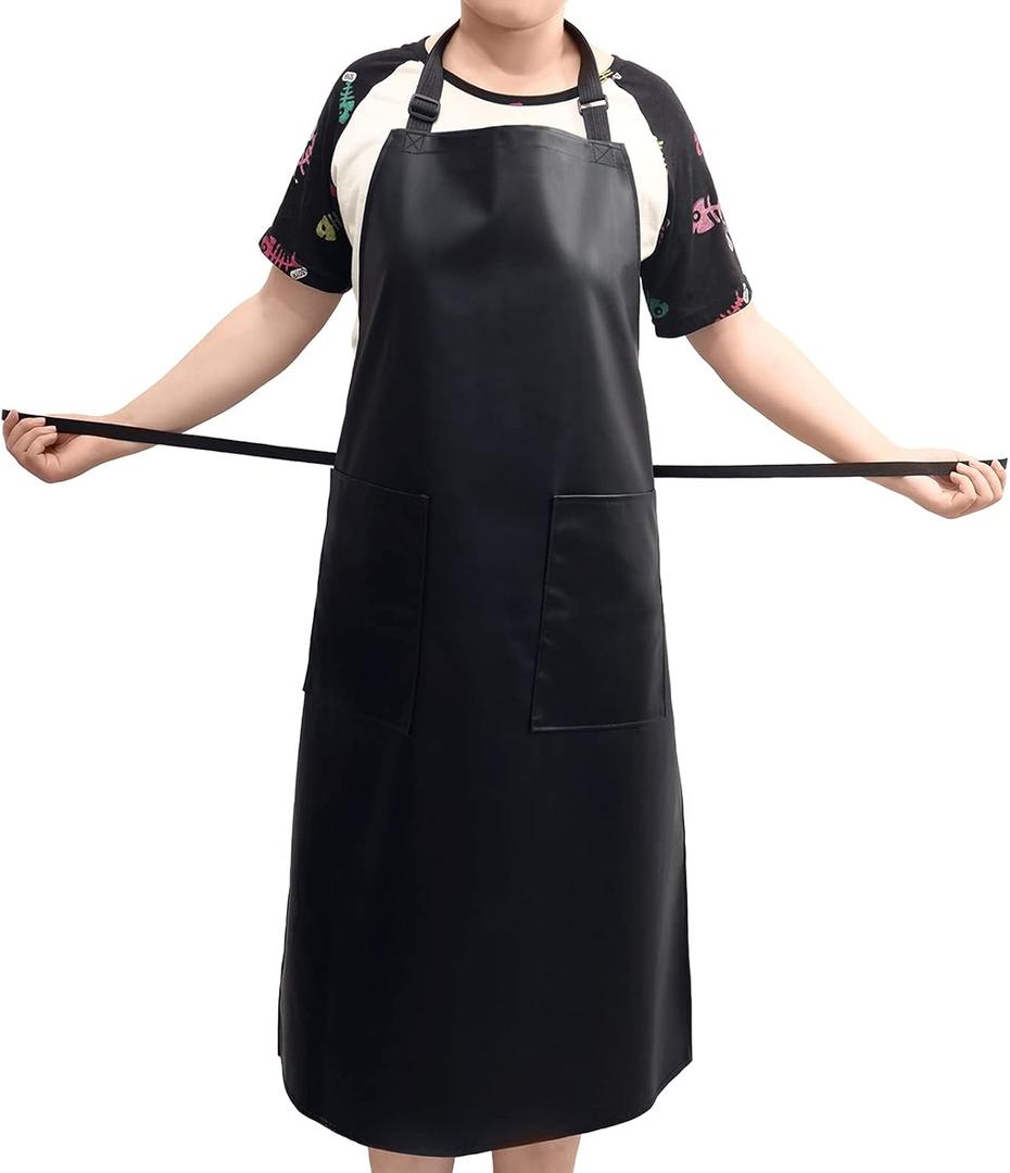 2 x Waterproof Rubber Vinyl Apron-Adjustable for Men Women Water and Oil Resistant For Lab Work Butcher Kitchen Barbecue, Black-35 * 26in, 35 * 26inch (Black, M)