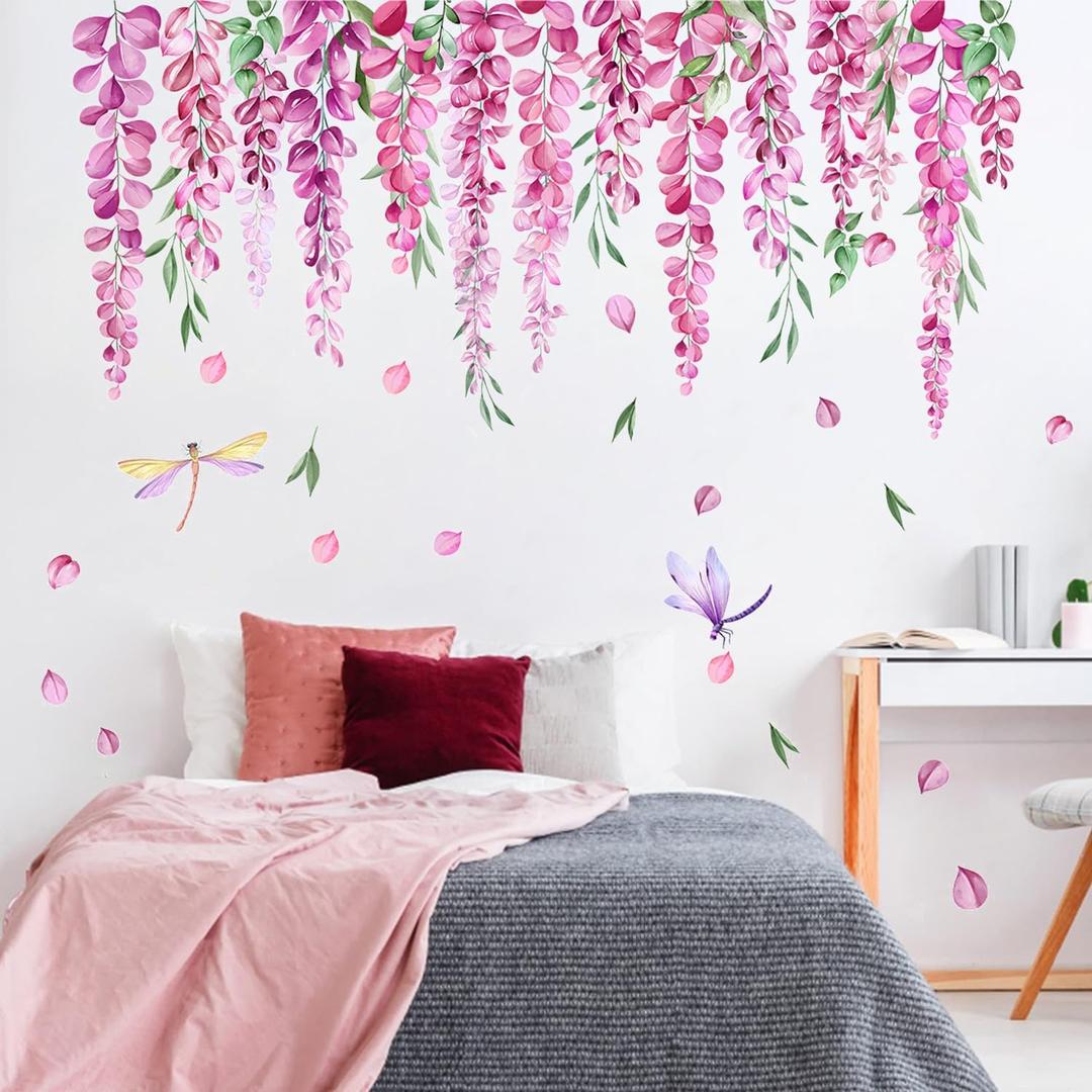 Purple Flower Vine Wall Stickers Hanging Flower Vine Wall Decals Dragonfly Wisteria Floral Wall Decal Sticker for Living Room Bedroom TV Background