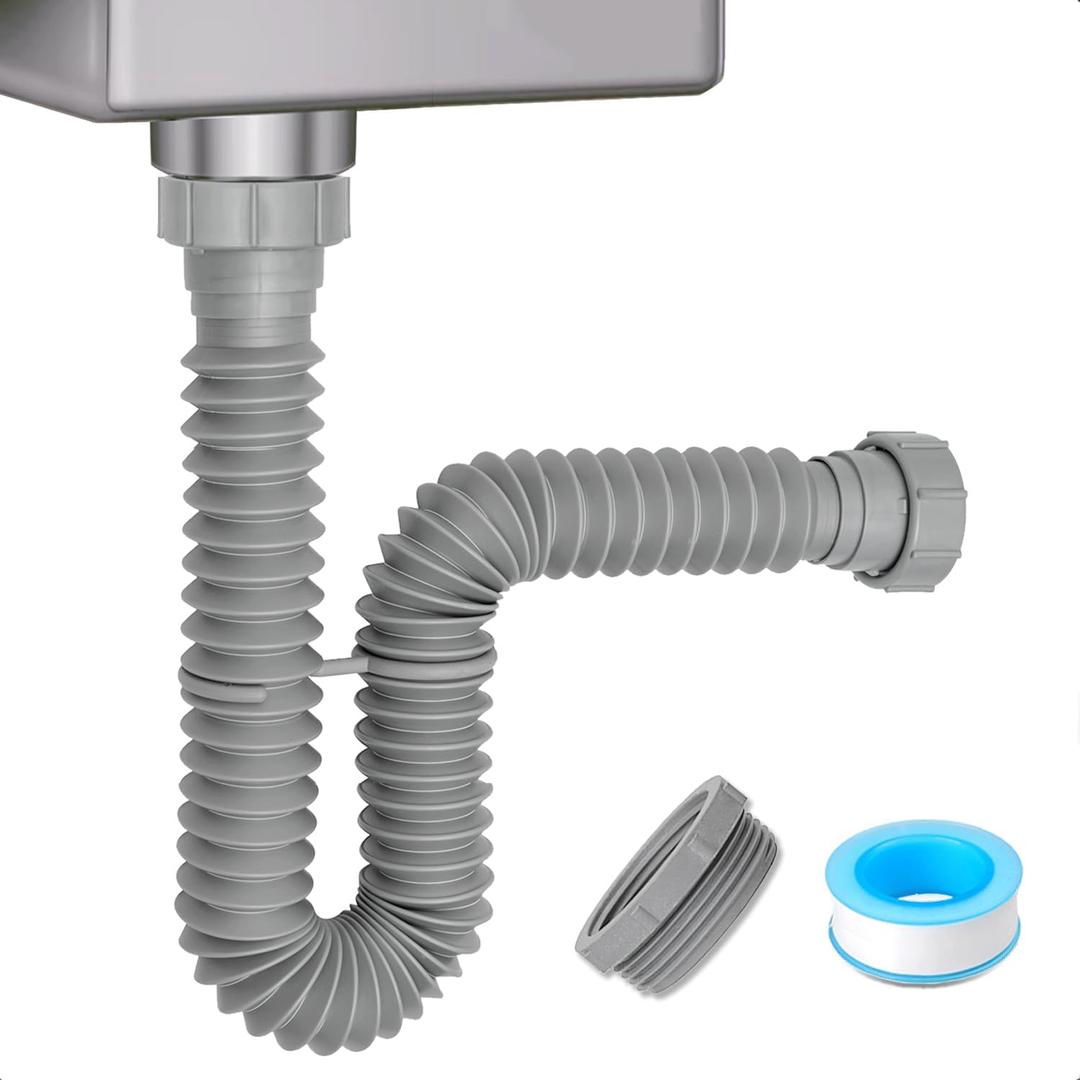1-1/2" & 1-1/4" P-trap with Adapter, Flexible Sink Drain Pipe, Adjustable P Trap for Bathroom Sink Drain Kit, Kitchen Garbage Disposal, Gray