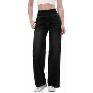 Pull on Wide Leg Jeans for Women, High Waisted Stretchy Baggy Trendy Tummy Control Straight Leg Jeans Denim Pants (Large, Black)