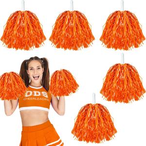 6 Pcs Orange Pom Poms Cheerleading Metallic Foil Orange Cheerleading Pom Poms with Plastic Handles Orange Pom Poms for Cheering in Sports Meet Competition Fields and Other Festive Occasions, 30 Grams