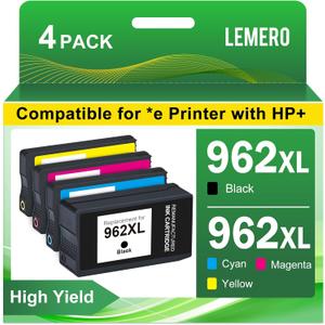 LEMERO Remanufactured Ink Cartridge Replacement for HP 962XL 962 XL for OfficeJet Pro 9015 9015e 9010 9025 9025e 9020 9018 9012 (Black, Cyan, Magenta, Yellow, 4-Pack)