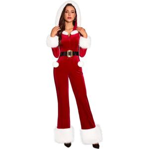 RSLOVE Women's Christmas Jumpsuit - Velvet Santa Costume Faux Fur Trim One Piece Holiday Xmas Outfit with Belt Red (Medium)