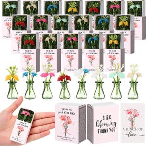 Wonderjune 12 Sets Mini Thank You Gifts Bulk for Women Positive Mini Flowers with Bud Vases Desk Decor Back to School Student Gifts Small Box Breathing Employee Appreciation for Staff (Green)