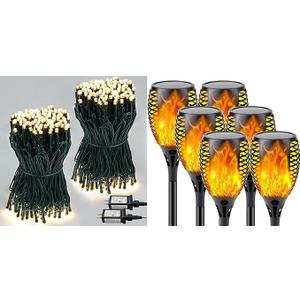 SANJICHA 2-Pack 66FT 200 LED Christmas Lights, Extendable Christmas Tree Lights and6 Pack Flickering Flame Solar Torch Lights with Super Larger Size for Christmas Decor