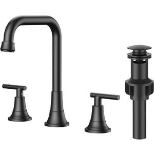 FORIOUS Black Bathroom Faucet for Sink 3 Hole,Widespread Matte Black Bathroom Sink Faucets,2 Handles RV Bathroom Faucets Vanity with Pop Up Drain and Supply Hoses