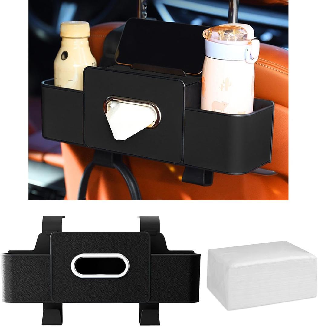 Car Back Seat Organizer with Cup Holder, Car Seat Back Tissue Box and Storage Hook, Multifunctional Car Organizer for Hold Phone,Snacks, Drinks, Handbag, Compatible with Most Vehicles (Black)
