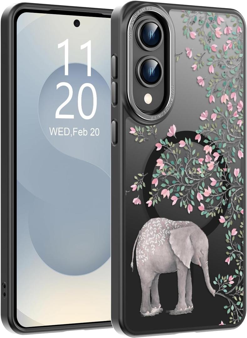 Goodon for Galaxy S25 Edge Case, Wireless Charging Compatible, Shockproof Translucent Matte Cover - Cute Floral Design Phone Case for Women Girls - Elephant Flowers