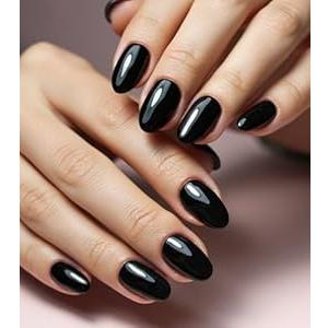 Morily Black Press on Nails - Glossy Short Oval Fake Stick on Nails, Reusable Full Cover Artificial False Fingernails for Women, 24 Pcs in 12 Sizes