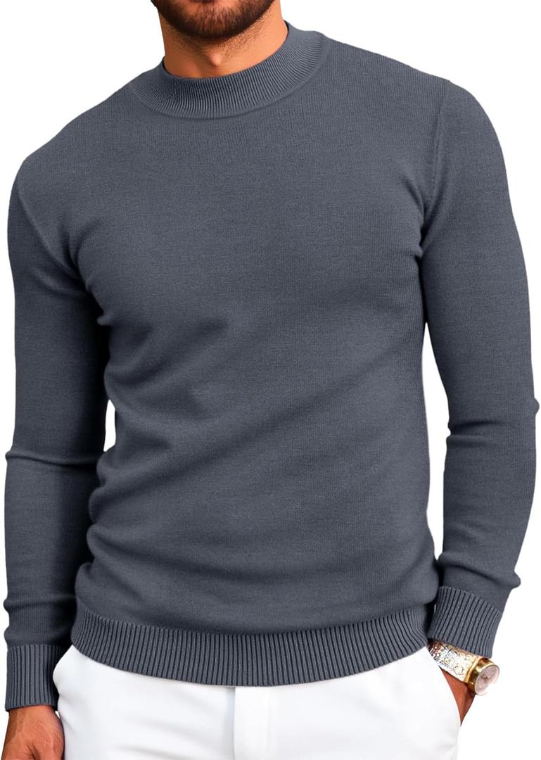 Runcati Mens Mock Turtleneck Pullover Slim Fit Casual Basic Thermal Knit Sweater Lightweight Long Sleeve Pullover Tee (Medium, Dark Grey)