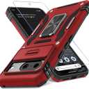 DEERLAMN Case for Google Pixel 8 with Slide Camera Cover+Screen Protector (1 Pack), Rotated Ring Kickstand Military Grade Shockproof Heavy Duty Protective Cover-Red