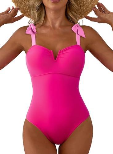 Aleumdr Women's One Piece Swimsuits Tummy Control Bathing Suits V Neck Boho Tie Shoulder Ruched Full Coverage Swimwear, L