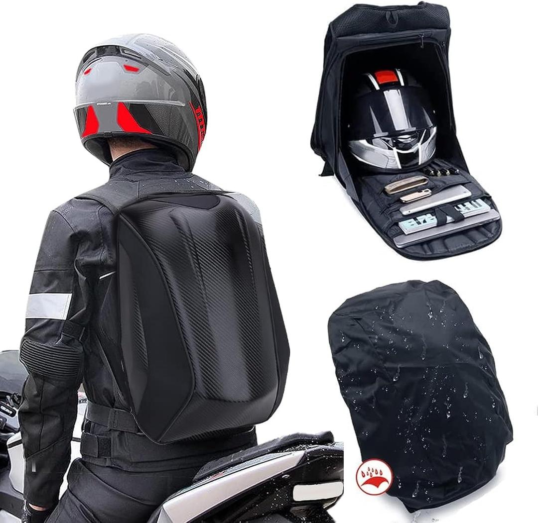 JFG RACING Motorcycle Backpack Hard Shell Carbon Fiber Pattern Waterproof Back Pack Saddlebags Riding Hardshell Storage for Men Motorcycle Accessories