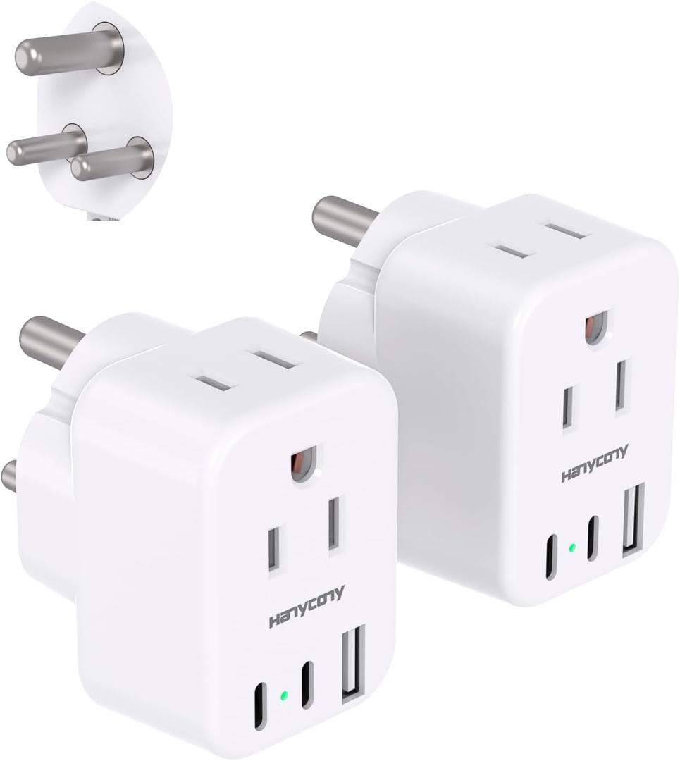 3 x US to India Plug Adapter, HANYCONY Type D Plug Adapter with 2 Outlets 3 USB Ports(2 USB C), India Power Travel Adapter for USA to India, Bangladesh, Maldives, Pakistan, 2 Pack