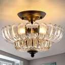 HuixuTe Modern Semi Flush Mount Ceiling Light, 3-Light Black Close to Ceiling Light Fixture with Cognac Glass Shade for Bedroom Living Room Entryway