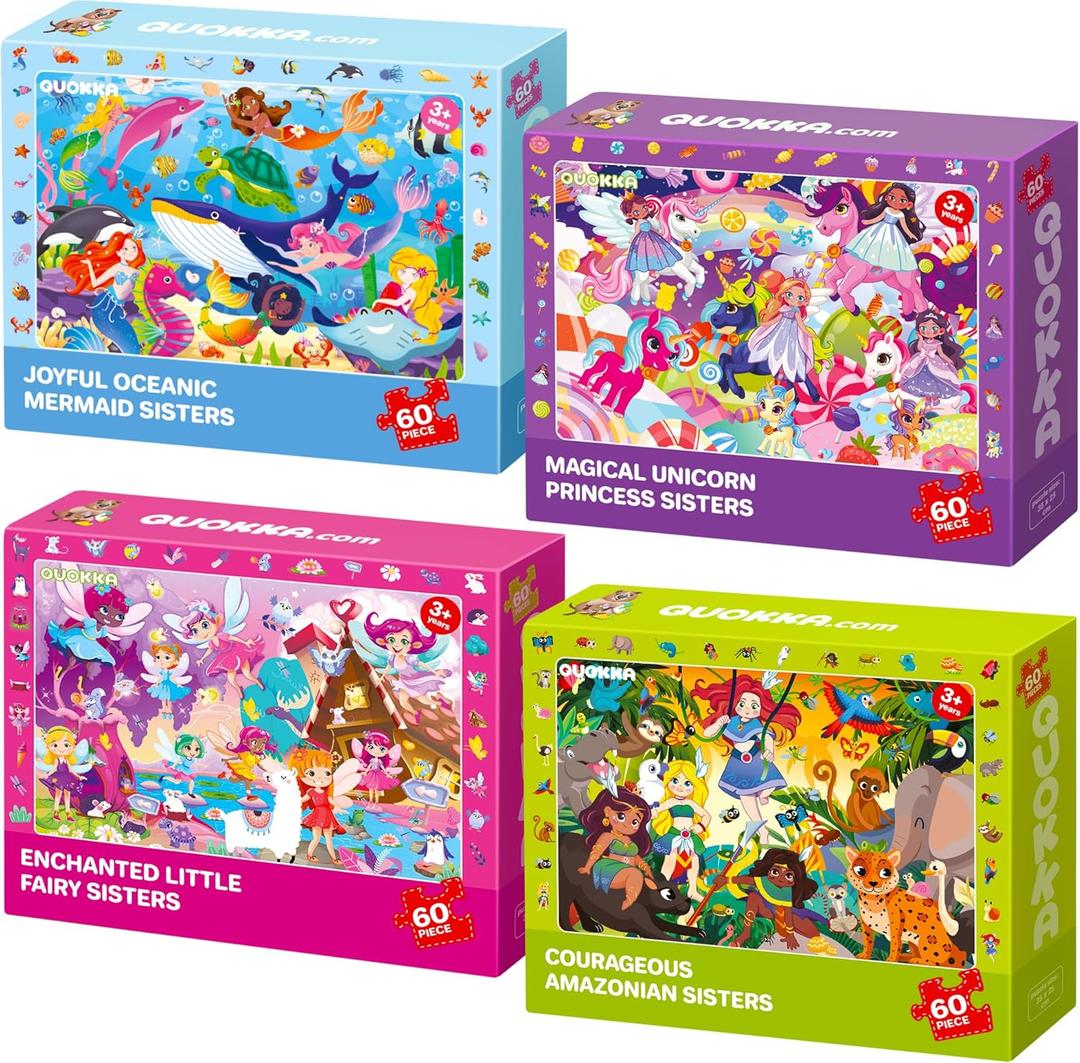 QUOKKA Princess Puzzles for Kids Ages 4-6 - Toddler Puzzles Ages 3-5 - 4-Pack 60 Piece Search and Find Jigsaw Puzzle 6-8 - Unicorn Mermaid Fairy Puzzle for Girls - Learning Educational Toy for 5 Year