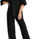 SHEWIN Women's 2 Piece Outfits Waffle Knit Lounge Sets Casual Short Sleeve Button Down Sleepwear Pajamas Set (X-Large, Black)