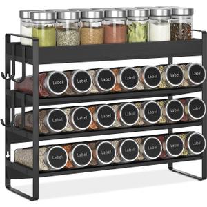 EsLuker.ly Spice Seasoning Rack Organizer Kitchen Countertop, 4 Tier Bamboo Spice Shelf Holder Storage with 4 Hooks, Wall Mounted Freestanding Stand for Pantry, Black (Jars Not Included)