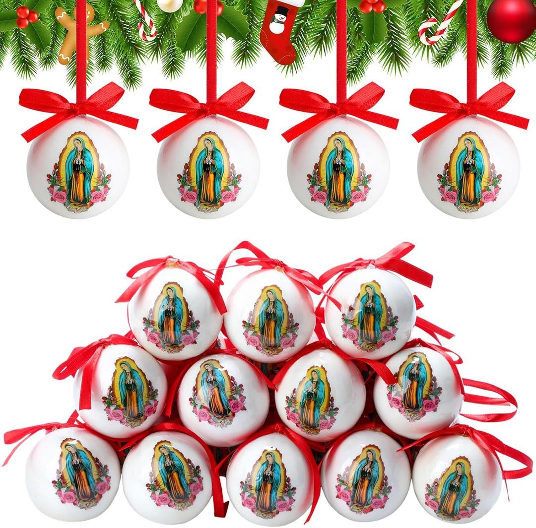 24 Pcs Our Lady of Guadalupe Christmas Ball Ornaments 2.36 Inch Religious Hanging Ornaments Catholic Hanging Decoration Double Sided Mexican Christmas Tree Decor Xmas Spiritual Gifts