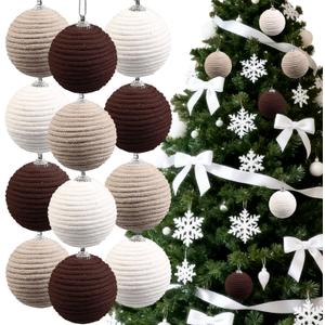 12 Pcs Boho Ball Ornaments,2.36 Inch Farmhouse Jute Rope Decor,Neutral Hanging Balls, Burlap Neutral Fabric Decor,Ornaments for Valentines Day, Wedding,Home,Wreath,Garland (Beige,dark Brown, Light Brown)